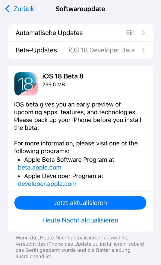 巍山苹果手机维修分享苹果 iOS / iPadOS 18 开发者预览版 Beta 8 发布 